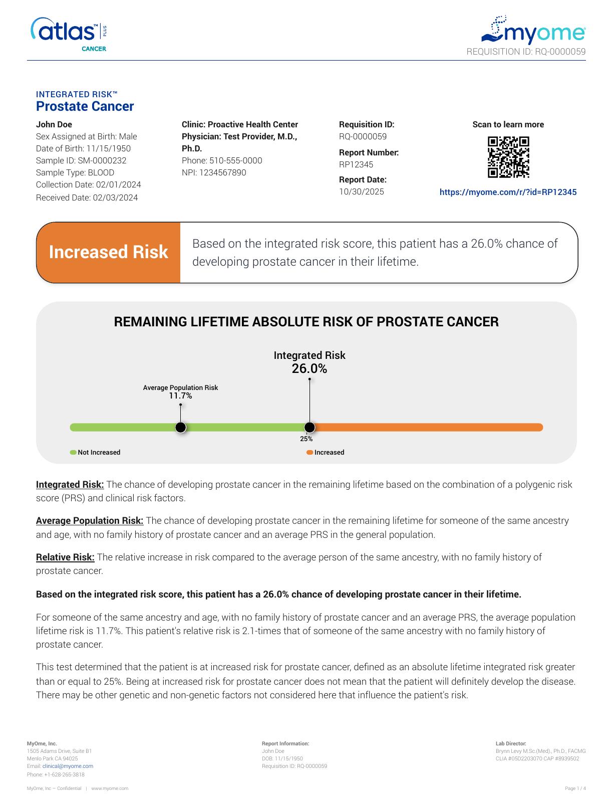Prostate cancer integrated risk sample report