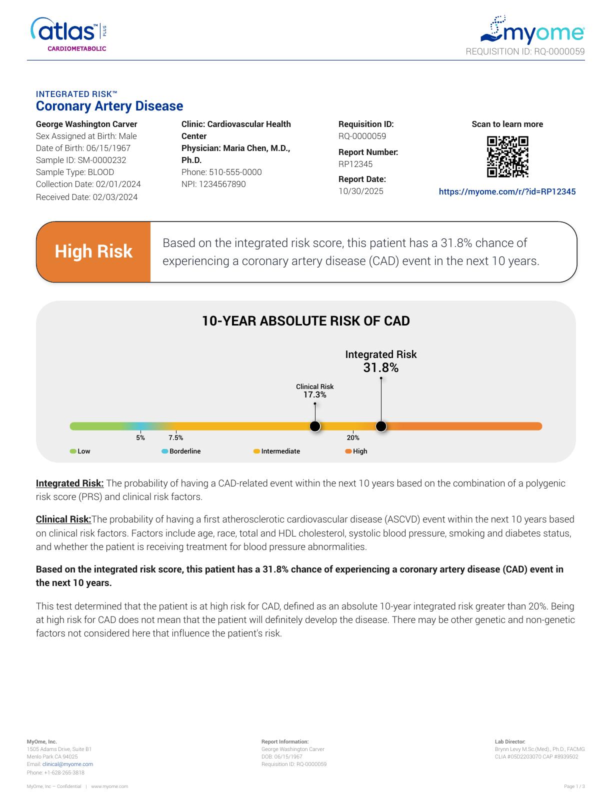 Coronary artery disease integrated risk sample report